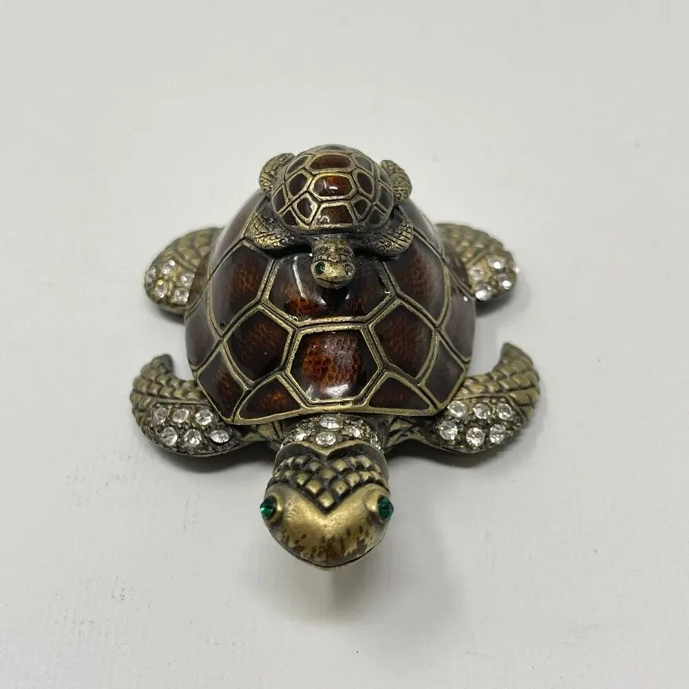 Sea Turtle & Baby Rhinestone Enamel Metal Trinket Pill Ring Box Hinged Magnetic